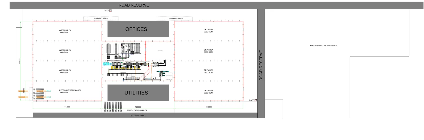 Engineering layout drawing of the Lilayi plant: green and dry storage areas, offices, utilities, the processing line footprint and an area for future expansion